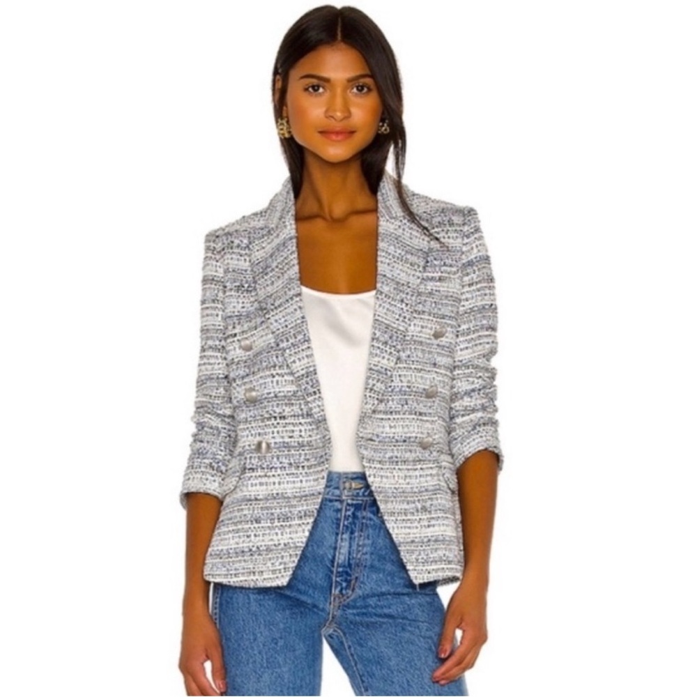 L’AGENCE Kenzie Tweed Double Breasted Blazer Blue Ivory Silver - Picture 3 of 8